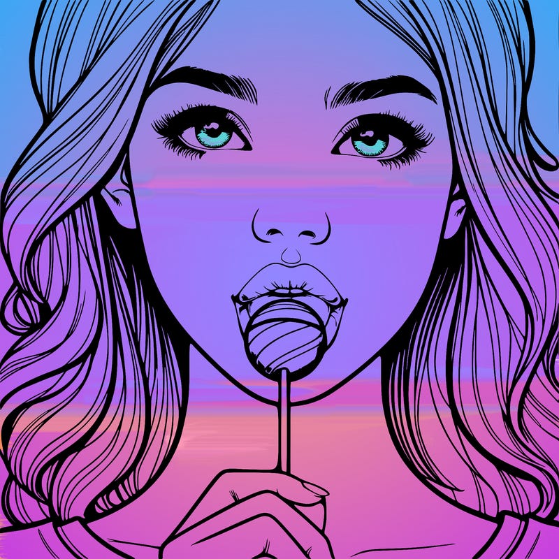 a realistic girl with a lollipop in her mouth