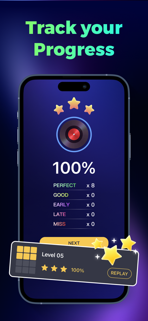 Beat Maker - Music Drum Pad - Beat Maker App-Oberfläche, die eine perfekte Punktzahl mit drei Sternen und Fortschrittsanzeige zeigt