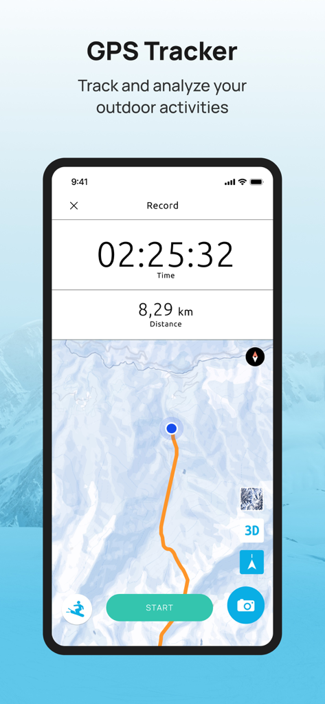 Interface du tracker GPS de l'application Montgenevre montrant la durée et la distance du ski sur une carte de montagne