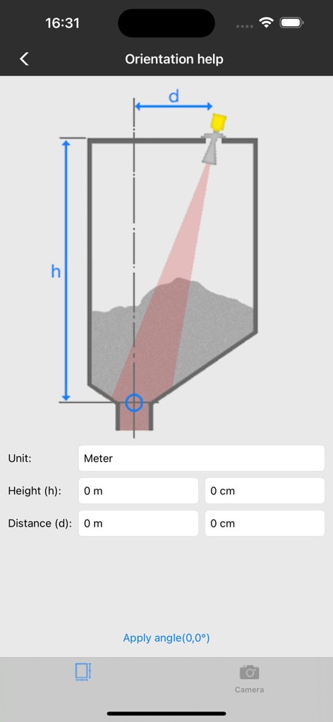 VEGA Tools - Ausrichtungshilfebildschirm, der ein schematisches Diagramm eines Radarsensors zeigt, der auf eine Tankentleerungsöffnung ausgerichtet ist