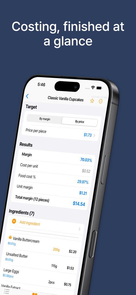 KitchenCost: Recipe Costing - KitchenCost mobile app showing profit margin and food cost breakdown for a cupcake recipe
