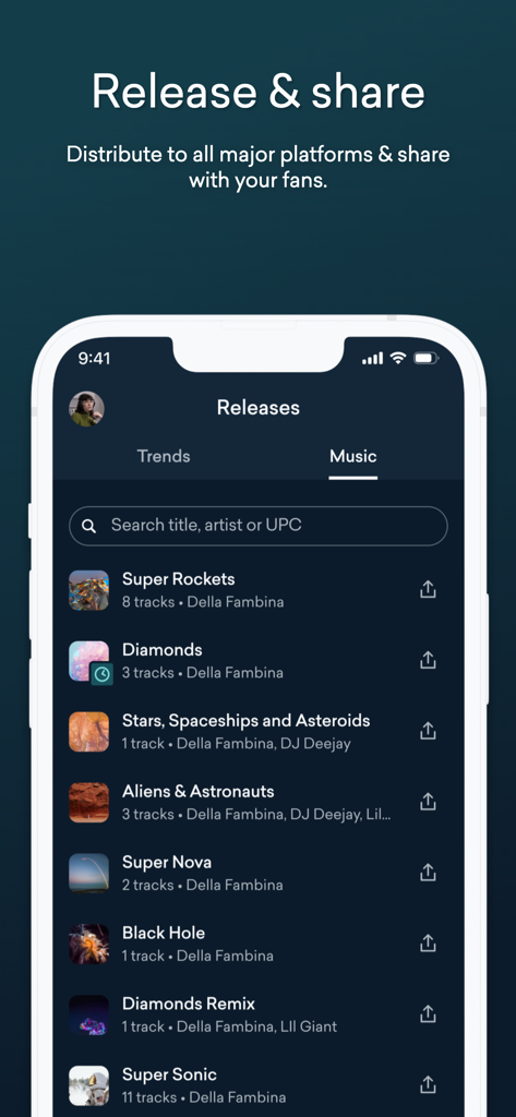 LANDR - For Music Makers - Écran de smartphone affichant la page des sorties de l'application LANDR avec une liste de titres et d'albums