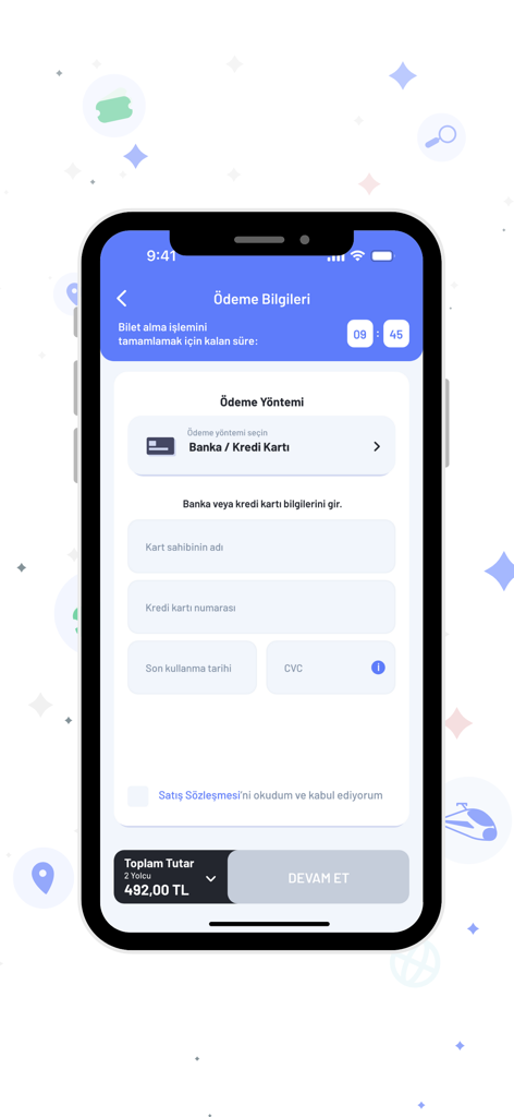 Payment information screen of the E-Bilet mobile app showing credit card entry fields for purchasing train tickets.