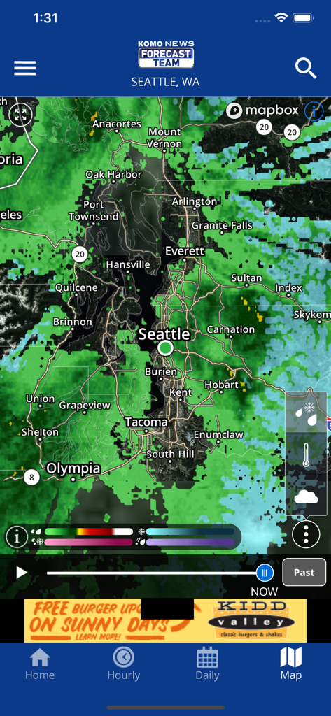 KOMO WXモバイルアプリのシアトルとワシントン州西部を示す高解像度気象レーダーマップ。
