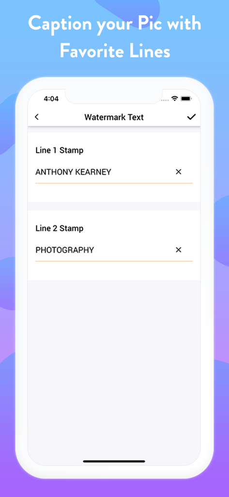 Add Logo Watermark on Photos - A mobile app interface showing fields to input two lines of custom watermark text.