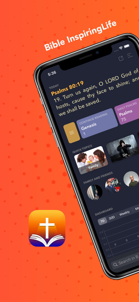 Interfaccia dell'app Bible InspiringLife che mostra il versetto quotidiano dei Salmi e gli strumenti del pannello di studio