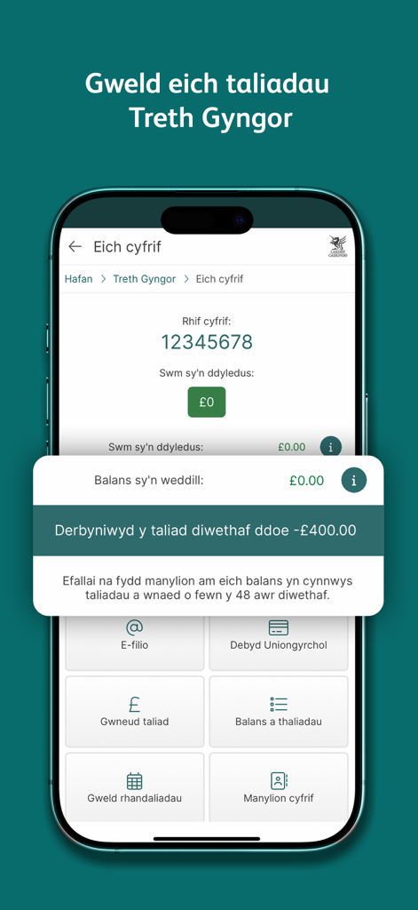 Cardiff Gov mobile app council tax account summary in Welsh