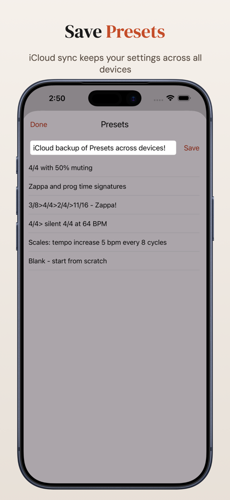 Time Guru Metronome app screen showing saved presets and iCloud sync feature