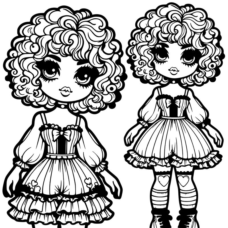 female with an hourglass waist,short fluffy and curly hair and sweet soft eyes with fluffy lashes, and a soft smile with lipstick,wearing a ruffled corset a cute short kawaii overall skirt with a hello kitty pattern and mismatch heart and stripe socks and doll platform shoes