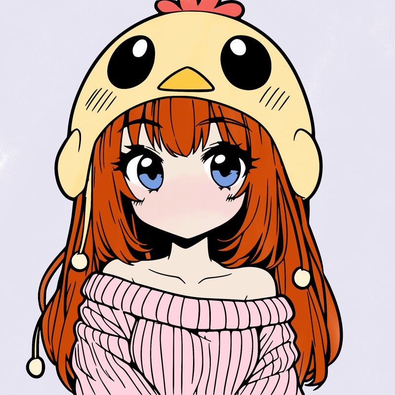 anime girl with chick shaped hat with sweater with bare shoulders with bangs covering them one eye with low tail