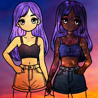 two sisters with crop tops and jean shorts and straight hair