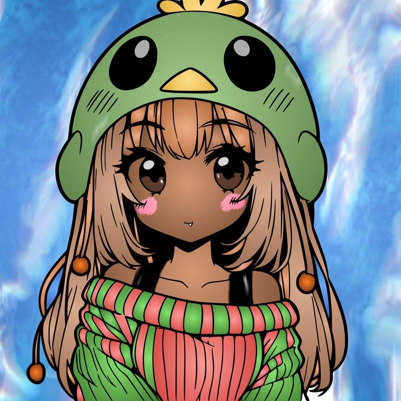 anime girl with chick shaped hat with sweater with bare shoulders with bangs covering them one eye with low tail