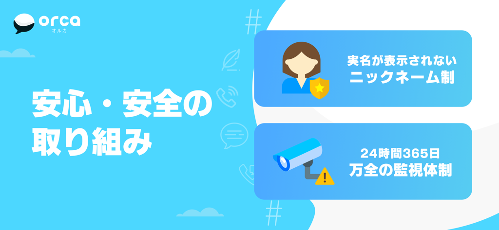 익명 닉네임 시스템과 24시간 모니터링 시스템을 보여주는 ORCA 앱의 안전 기능