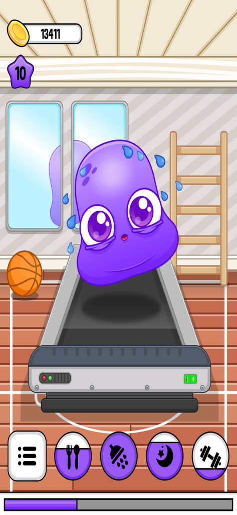 Moy 6 - Virtual Pet Game - Purple virtual pet Moy sweating while exercising on a treadmill in a gym