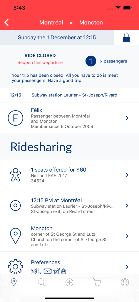 Kangaride app interface showing a summary for a carpooling trip from Montreal to Moncton including passenger and vehicle information