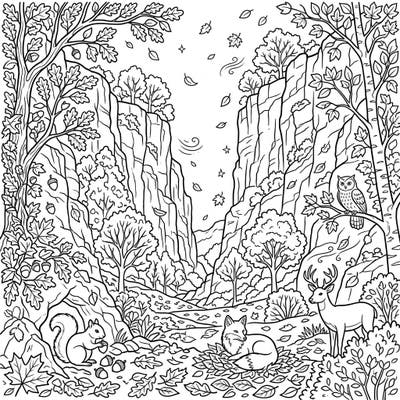 Immerse yourself in the breathtaking beauty of an autumn box canyon, teeming with woodland creatures preparing for winter. This intricate coloring page invites you to bring the fall scenery and its charming inhabitants to life with your favorite colors.