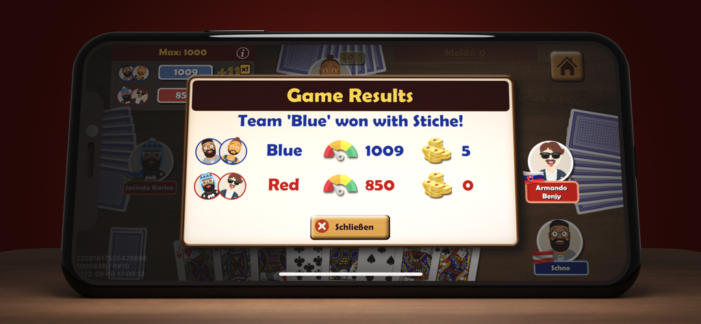 The game results screen of Jassen Online showing Team Blue winning a Schieber Jass match with 1009 points against Team Red.