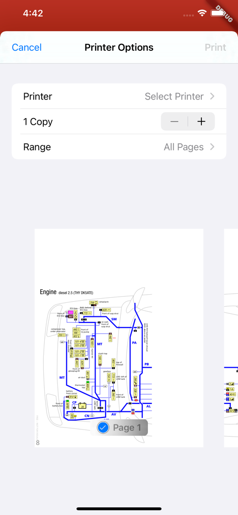 Xm Diagrams - Print options interface in the Xm Diagrams app displaying a technical engine schematic preview