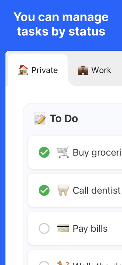 Interfaz de la aplicación KanbanBoard mostrando una lista de tareas pendientes con tareas marcadas y sin marcar en una pestaña Privada.