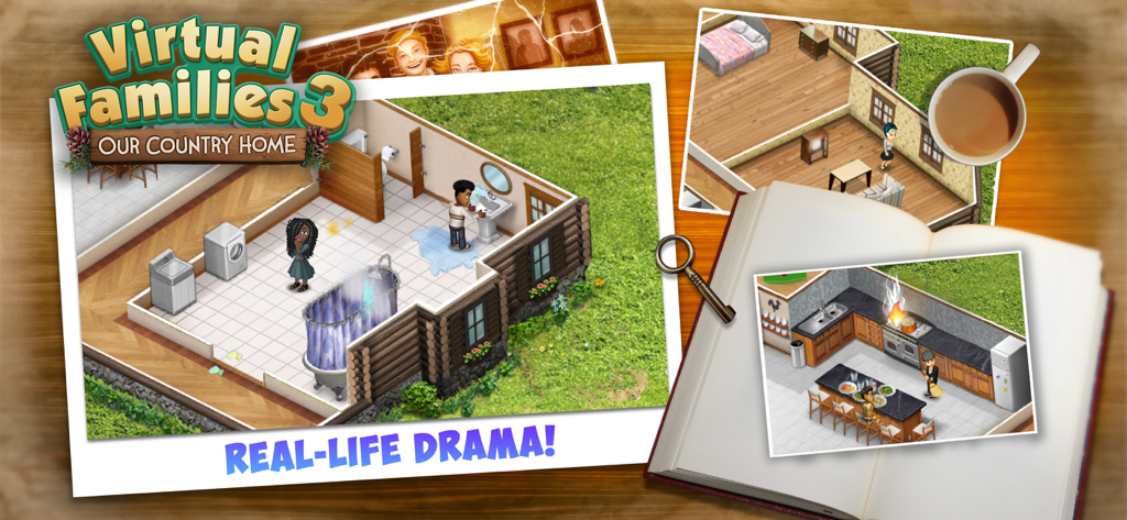 Werbebild für Virtual Families 3, das Gameplay-Szenen der Hausverwaltung und Alltagsdramen zeigt, einschließlich eines Küchenbrands und eines Rohrbruchs.