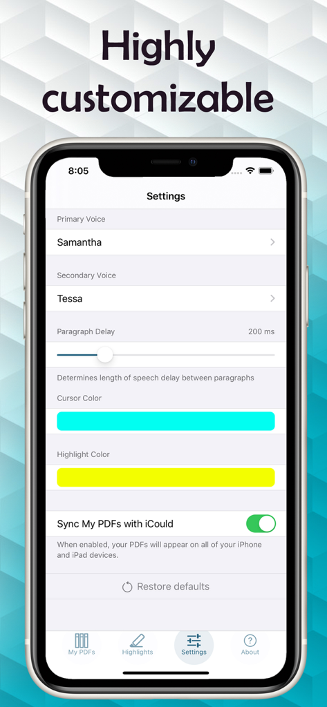 Text to Speech PDF Reader - テキスト読み上げPDFリーダーアプリの設定画面。音声、段落遅延、カラーハイライトのカスタマイズオプションが表示されている