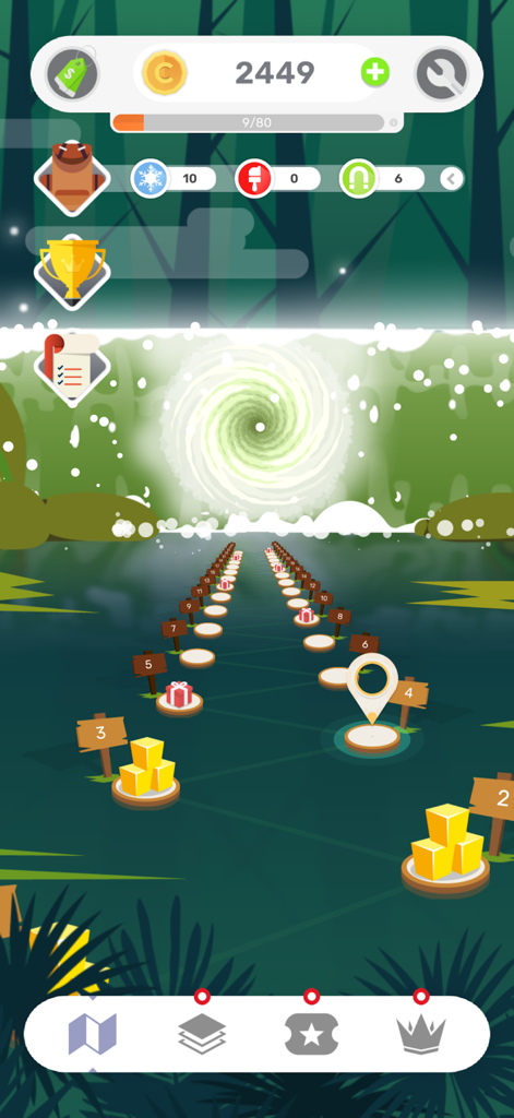 Glass Tower 2025 - Level selection map of the Mystical Forest location in Glass Tower 2025 puzzle game