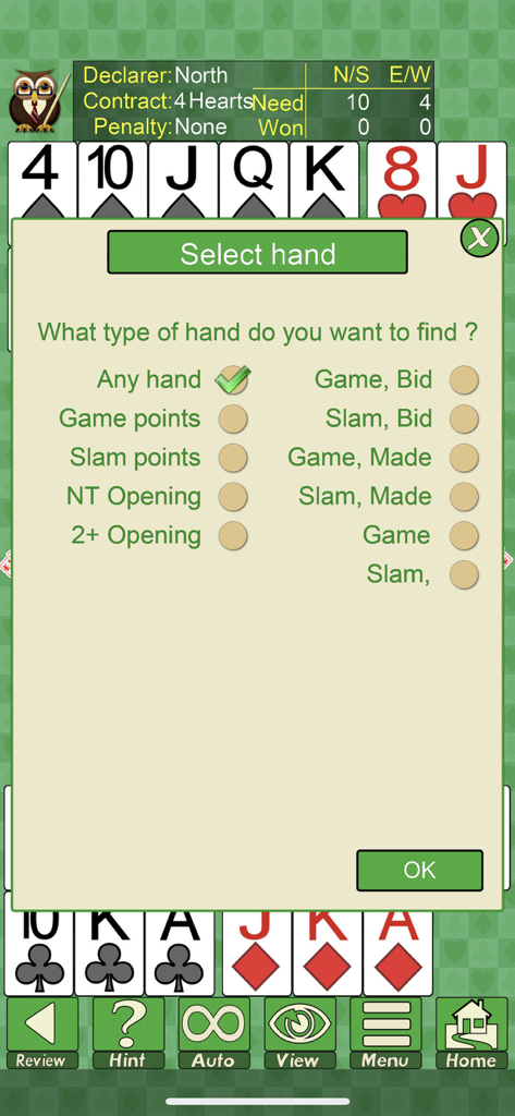 Omar Sharif Bridge Card Game - The Select hand menu in Omar Sharif Bridge showing various search criteria for finding specific types of card hands
