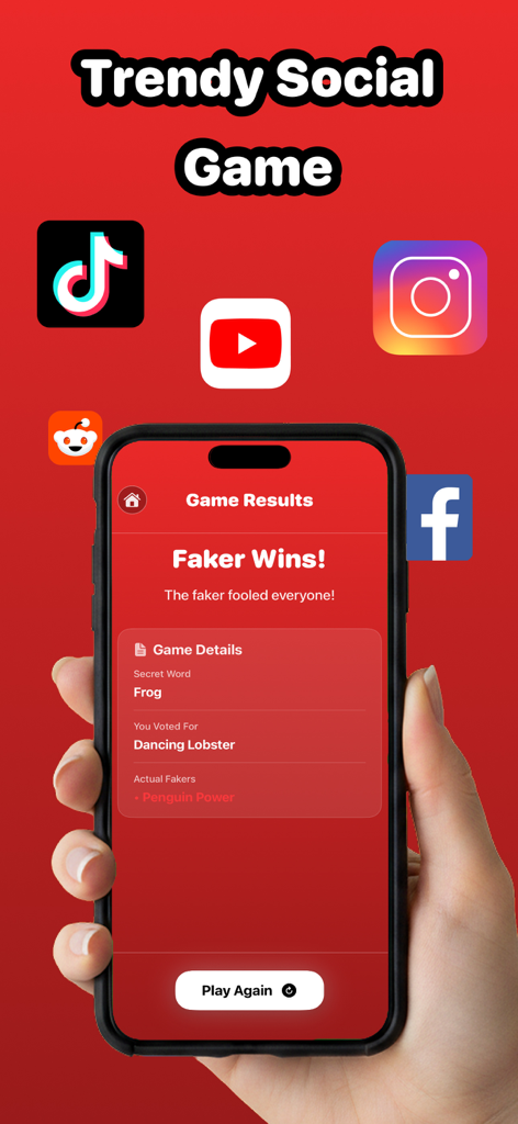 Faker: Who is Lying? Game - Uma pessoa segurando um telefone mostrando a tela de resultados do jogo do aplicativo de dedução social Faker contra um fundo de ícones de mídia social