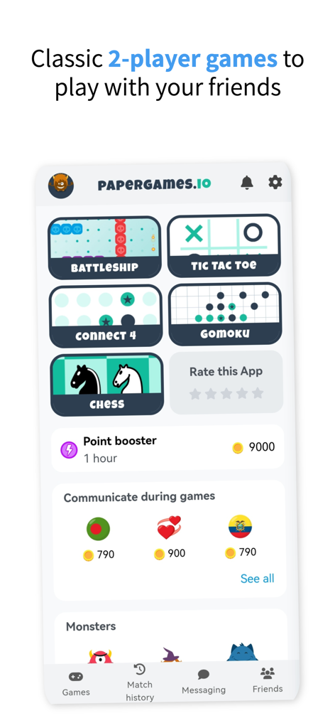 Main menu screen of papergames.io displaying classic board games and in-game shop items