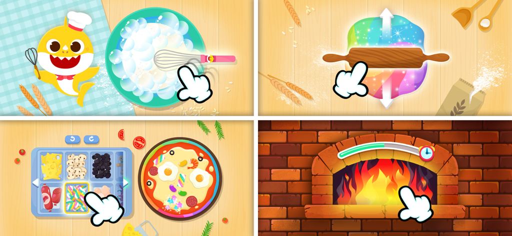Baby Shark Pizza Game - A four-panel montage showing Baby Shark whisking batter, rolling rainbow dough, adding colorful toppings, and baking pizza in a brick oven
