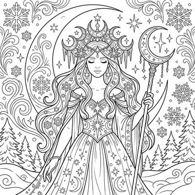Discover the majestic beauty of this Moon Goddess coloring page, blending celestial mystique with the serene enchantment of winter. Perfect for those seeking a magical escape and a creative challenge.