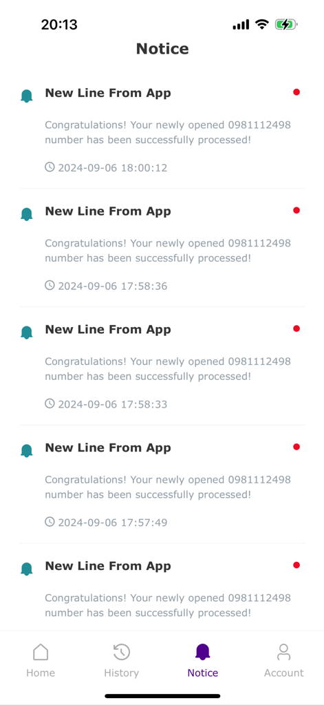 Zed-Life - Zed-Life app notice screen showing multiple notifications for successfully processed new mobile lines.