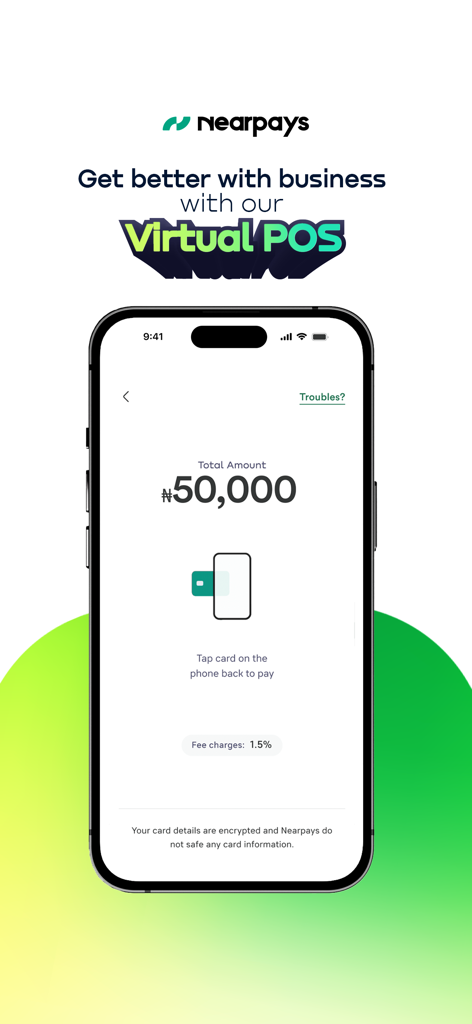 NearPays - NearPays app screenshot showcasing the Virtual POS feature for accepting contactless NFC card payments on a smartphone.