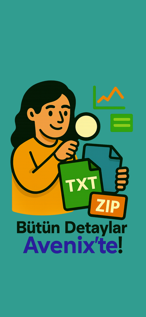 Ilustración de una mujer usando una lupa para analizar texto y archivos zip para estadísticas de chat en Avenix