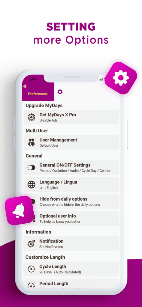 Página de configuración de la aplicación de seguimiento de períodos MyDays X Pro que muestra la gestión de usuarios y las opciones de personalización del ciclo