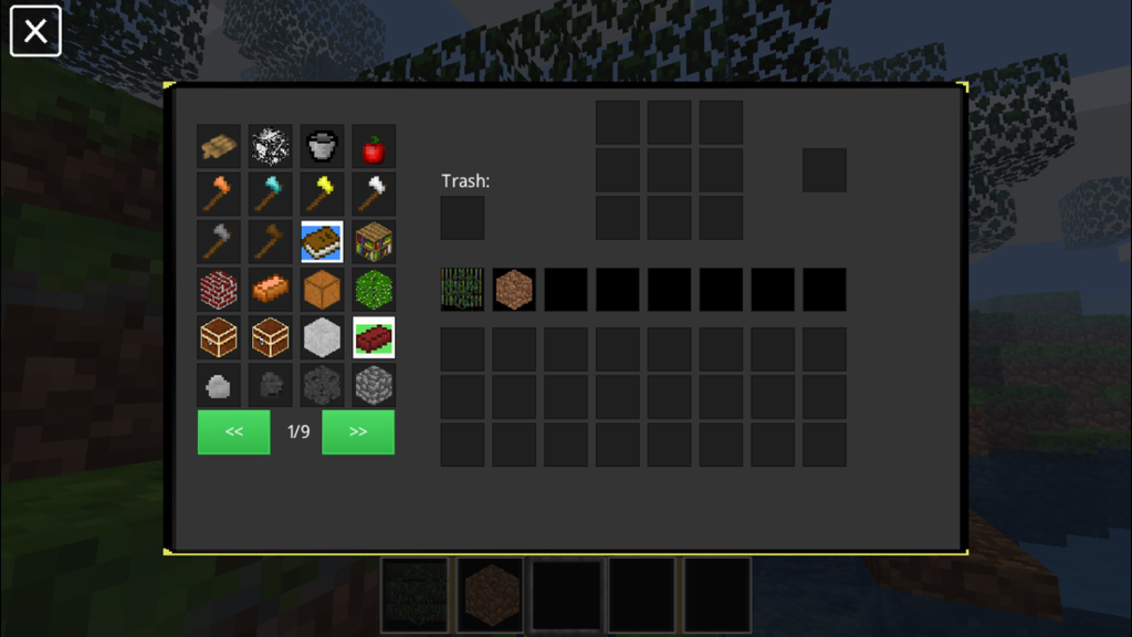 Freeworld 2 - An inventory and crafting menu in the Freeworld 2 sandbox game showing various block types and tools