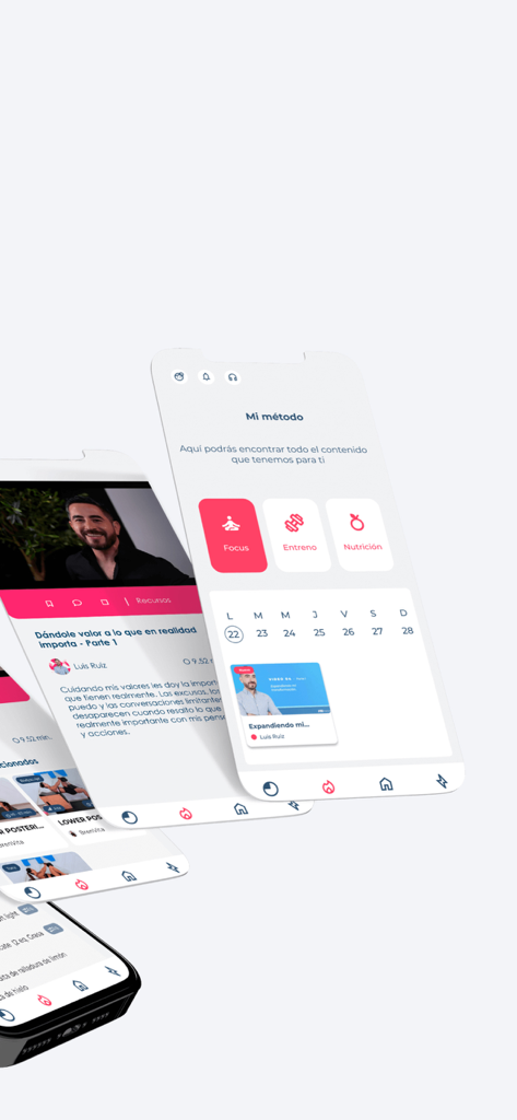 Mobile screens of the FTN fitness app showing training nutrition and mindset content in Spanish.