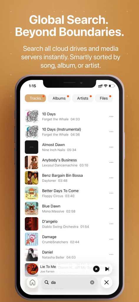 HiFier: HiFi Music Player - HiFier app global search screen showing music tracks and search results from cloud drives and media servers