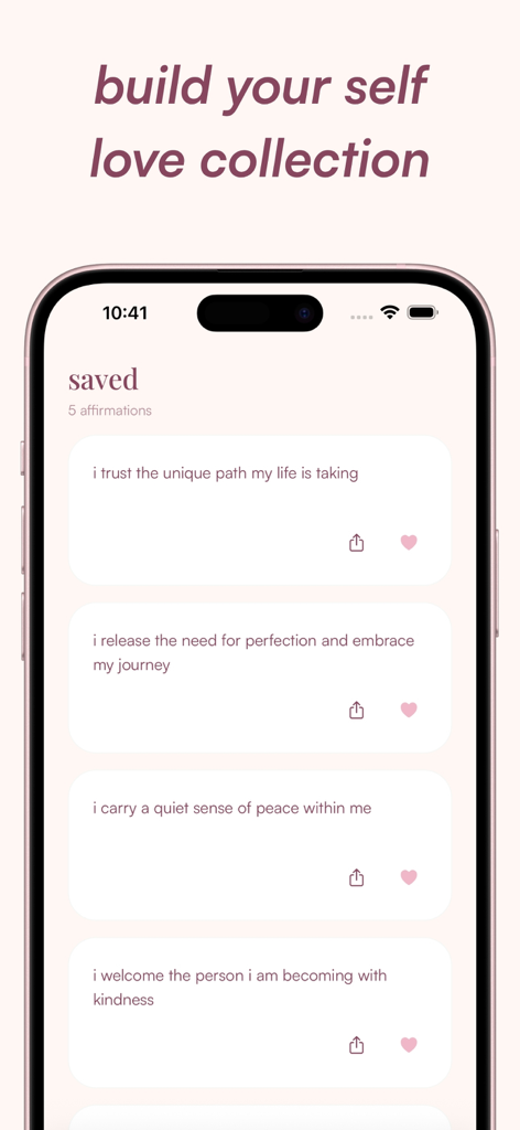 affirmations - self love daily - A minimalist interface from the affirmations app showing a list of saved daily self-love quotes and positive mindset statements.
