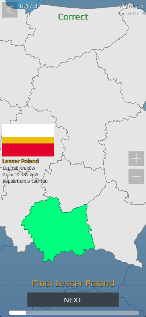 Poland Quiz (Qbis Studio) - A screenshot of the Poland Quiz app showing a map where the Lesser Poland region is correctly identified and highlighted in green.