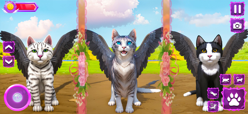 Kitty Fly Cat Adventure - Three winged cats in a sunny outdoor environment from the mobile game Kitty Fly Cat Adventure