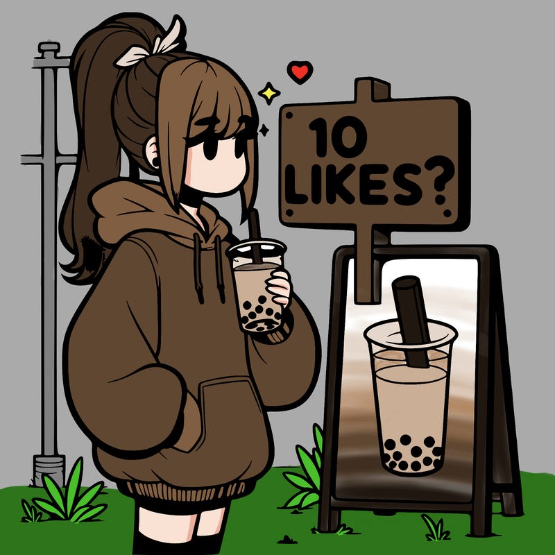 girl with oversized hoodie drinking boba and she has a high ponytail with a sign that says 10likes?