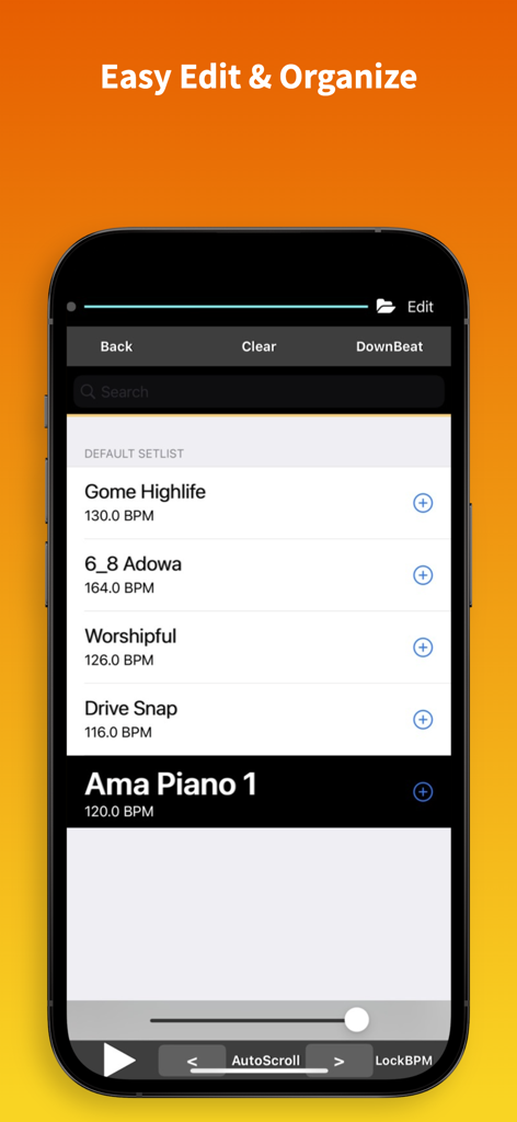 Interface of Groovy Loopz Pro showing a drum loop setlist with BPM settings for live music performance organization