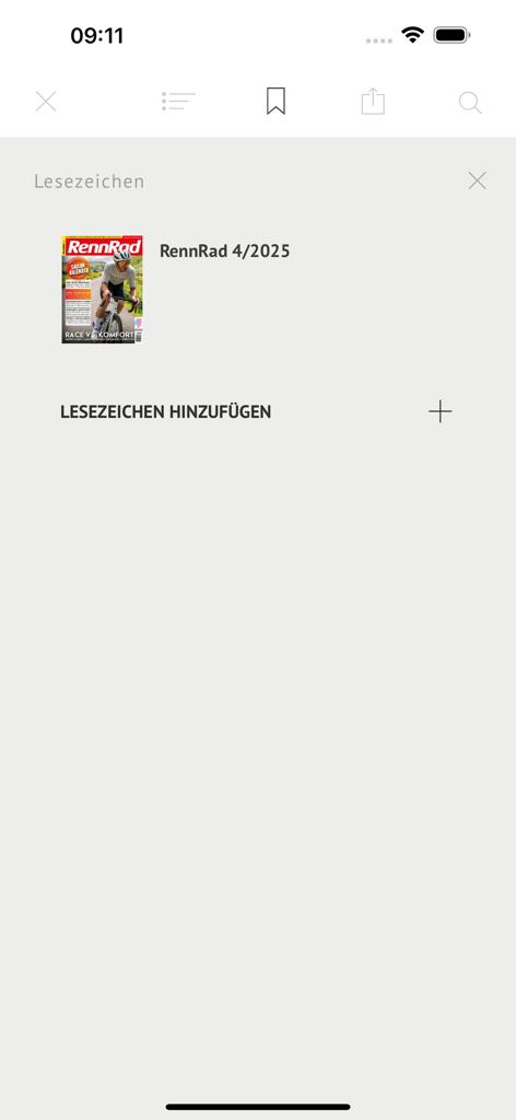 Lesezeichen-Oberfläche der RennRad Magazin App mit einer gespeicherten Ausgabe.