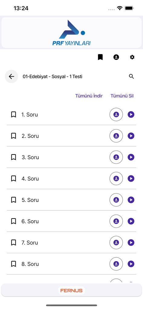 Paraf Video Çözüm - Paraf Video Cozum app interface showing a list of exam questions with video solution play icons.