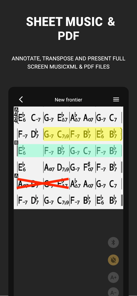 Bandfix: Songbook & Setlists - Bandfix app showing a digital sheet music chord chart with color highlights and red cross annotations