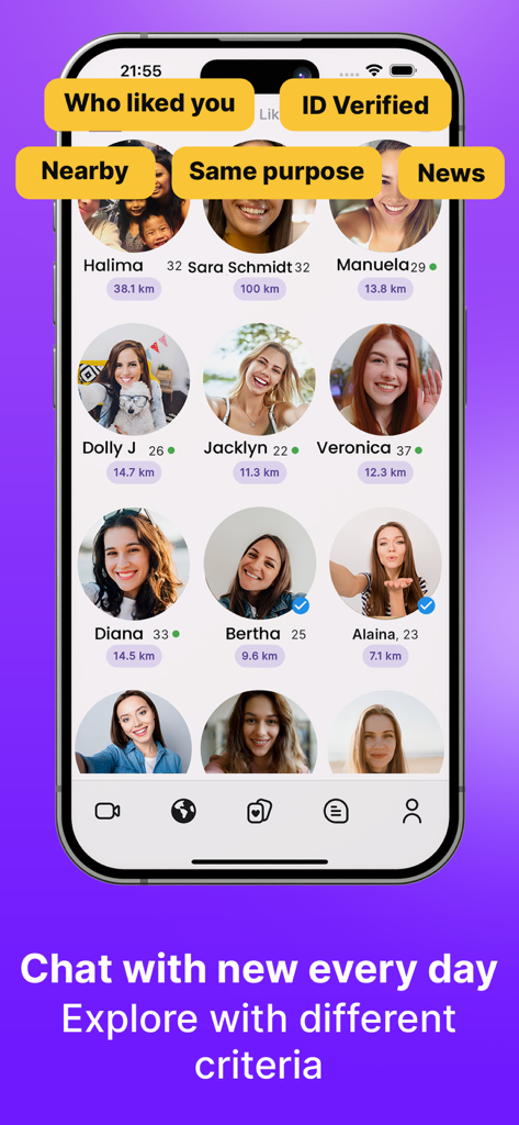 Ravi: Video Chat, Meet Singles - Mobile app interface showing a grid of verified user profiles with discovery filters for video chat