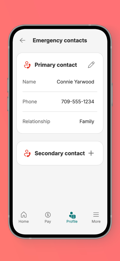 Payworks Self Service - Tela de contatos de emergência no aplicativo móvel Payworks Self Service exibindo detalhes de contato primários.