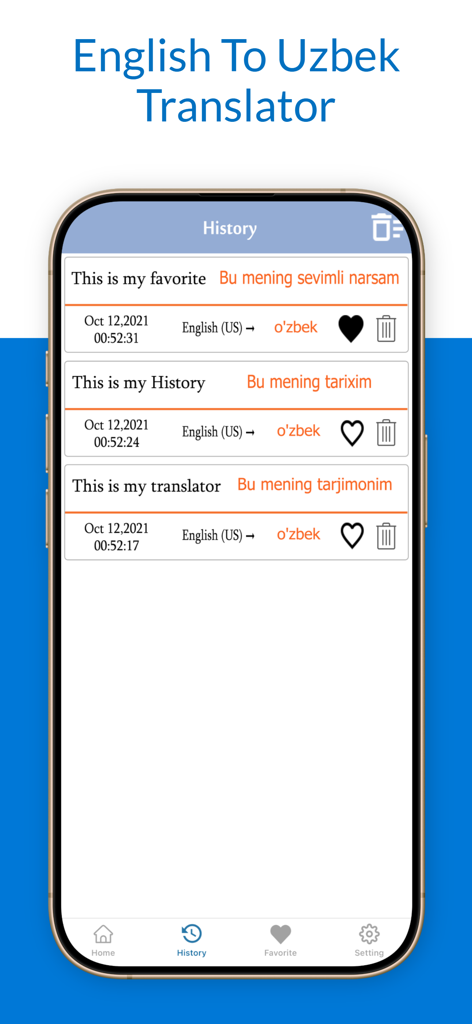 English To Uzbek Translation - Tela do aplicativo móvel exibindo o histórico de tradução de Inglês para Uzbeque com frases salvas