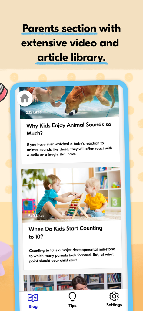 Screenshot of the Speech Blubs Parents Academy showing a library of educational articles and videos for child development.